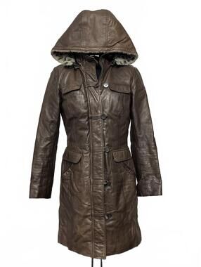 Vintage Danier Brown Leather Hooded Trench Coat With Leopard Faux Fur Lining